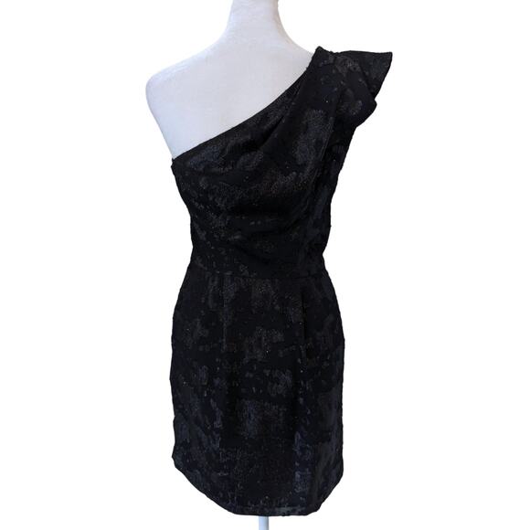 BCBGeneration Black Lurex Ruffle One Shoulder Cocktail Dress Size 2 - Picture 3 of 6